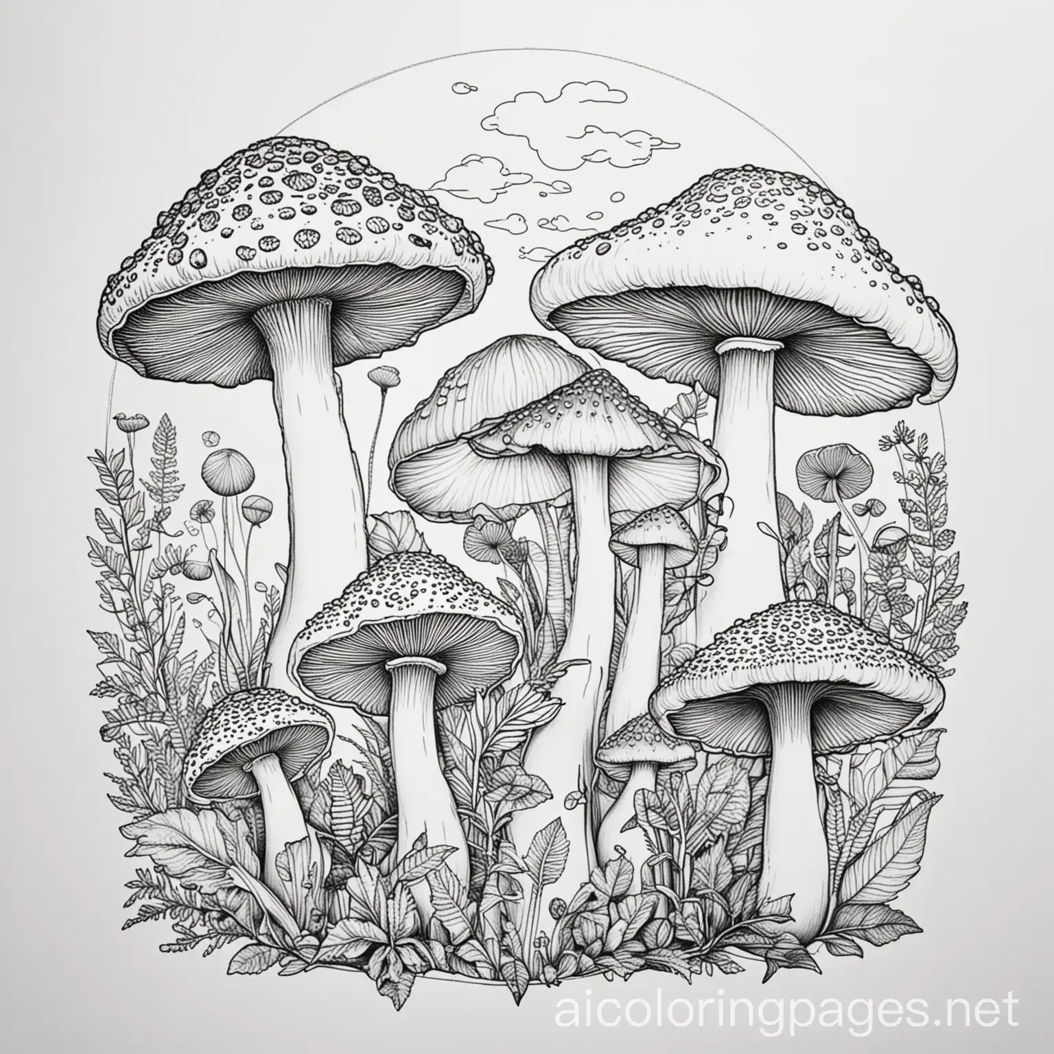 mushroom collage, Coloring Page, black and white, line art, white background, Simplicity, Ample White Space. The background of the coloring page is plain white to make it easy for young children to color within the lines. The outlines of all the subjects are easy to distinguish, making it simple for kids to color without too much difficulty