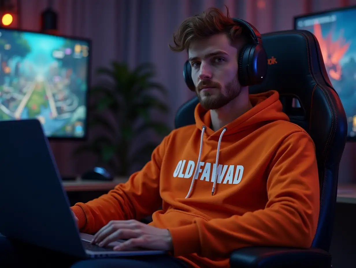 A male person sitting of gaming chair , with laptop, playing a mobile legends game , looking at the camera orange hoddie with text 'OLD FAWAD', background as mobile legends game , nature light effect , relastic ,hd,high resolution,8k, gaming room .