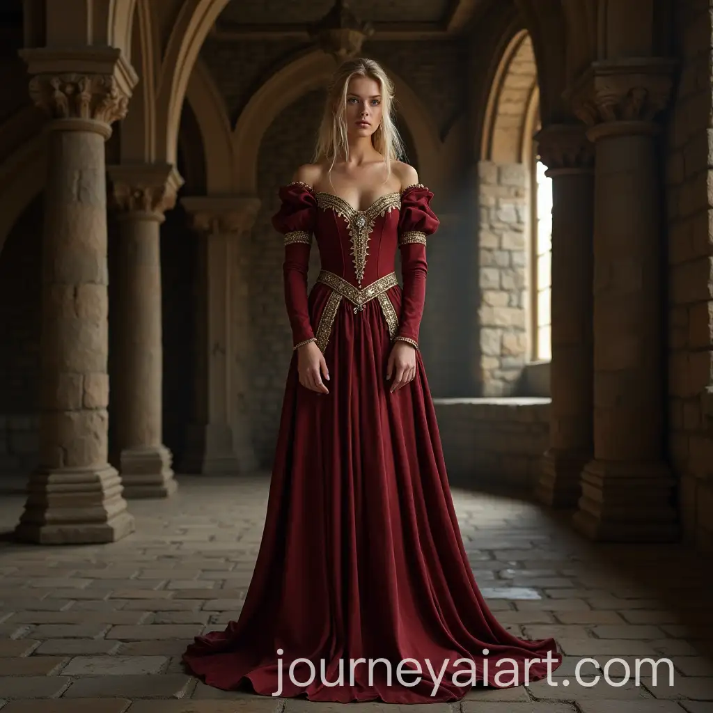 Medieval-Princess-in-Rich-Dress-Standing-in-Castle-Interior