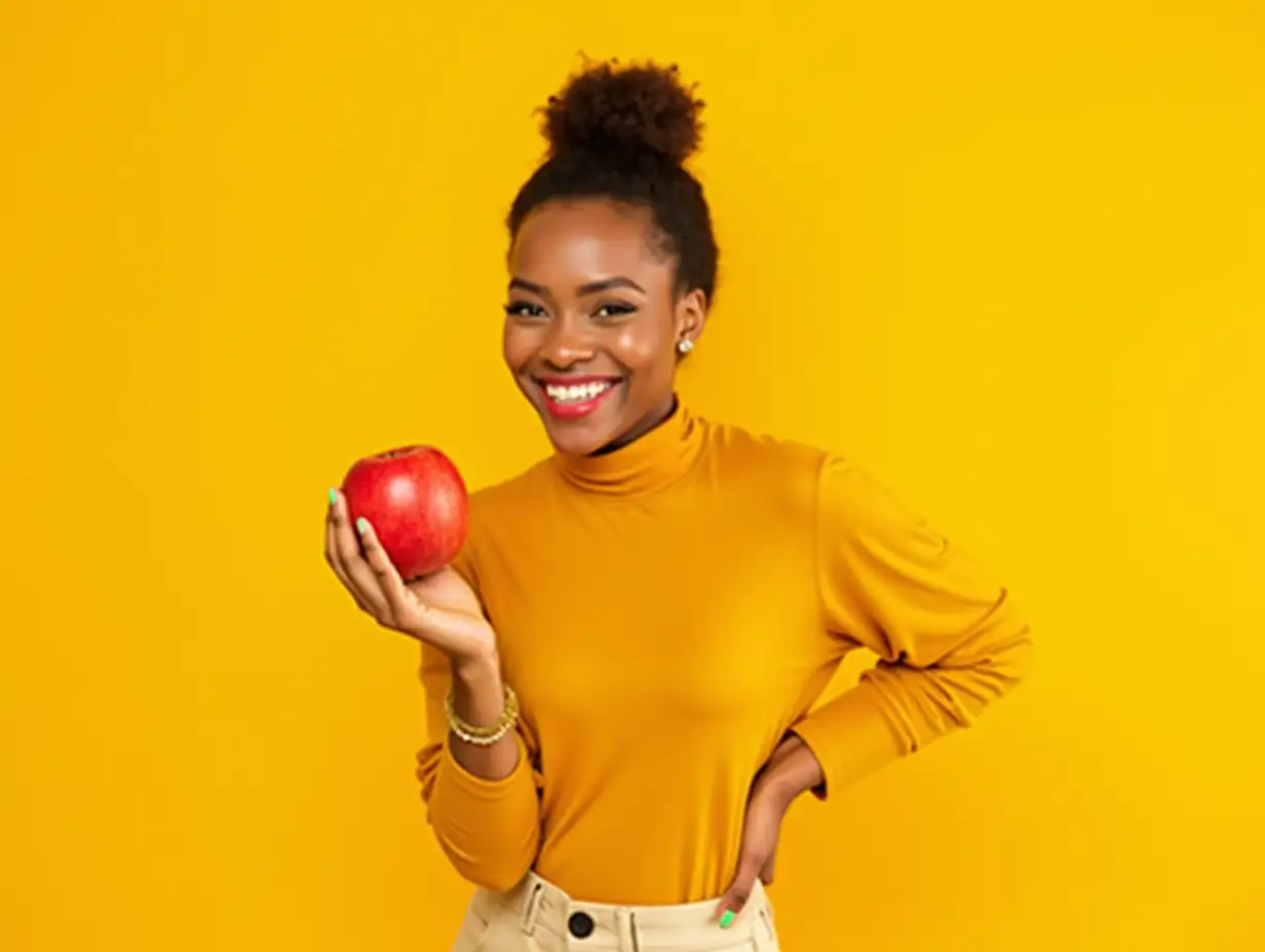 Happy African American Lady Enjoying Red Apple, yellow studio background, copy space