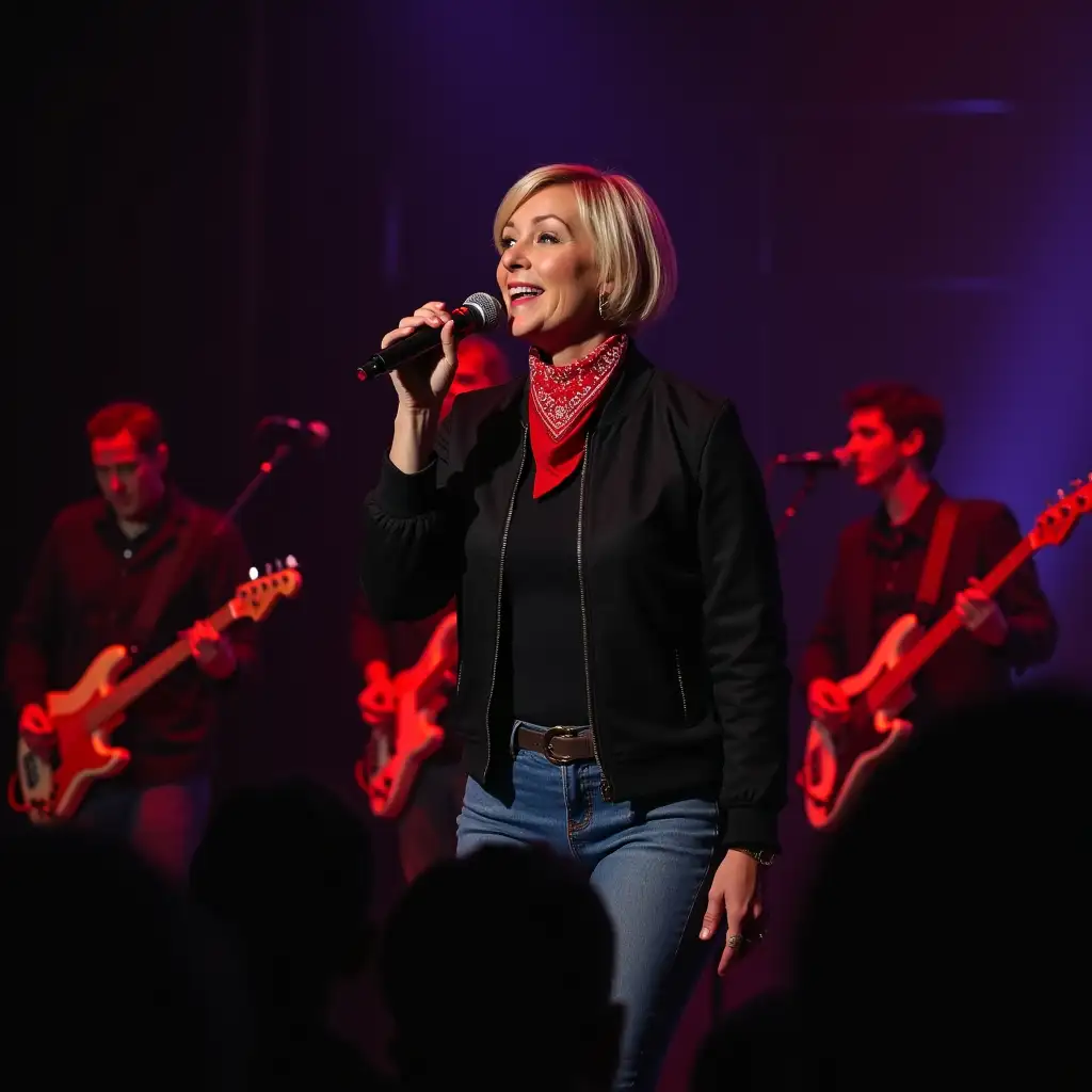 A women with short hair wearing black jacket with denim jeans and red bandana. Singing in front of audience at stage with band group.