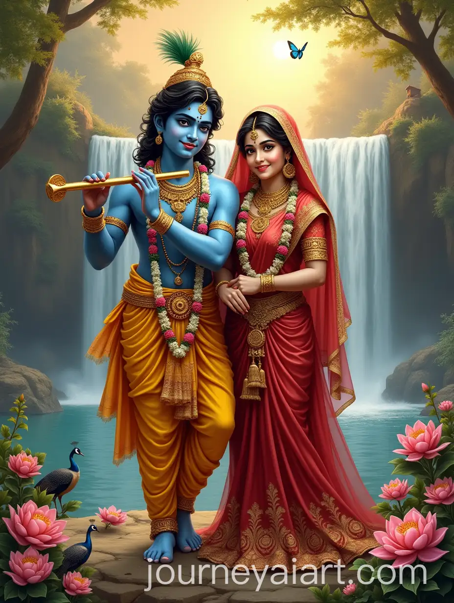Radha-and-Krishna-in-Divine-Harmony-with-Waterfall-and-Peacock
