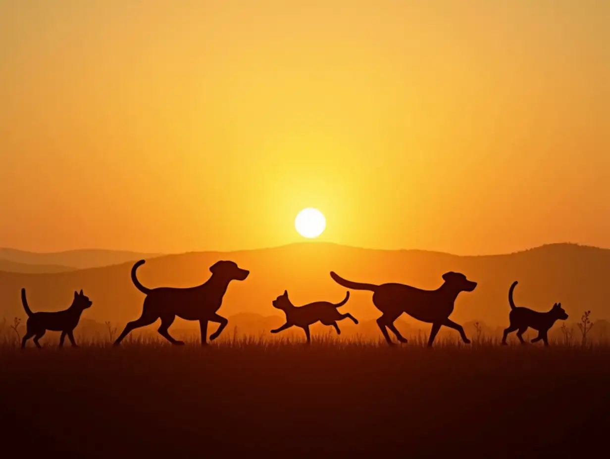 silhouettes of three dogs and three cats play and run against the backdrop of an endless field, and in the distance the bright setting sun