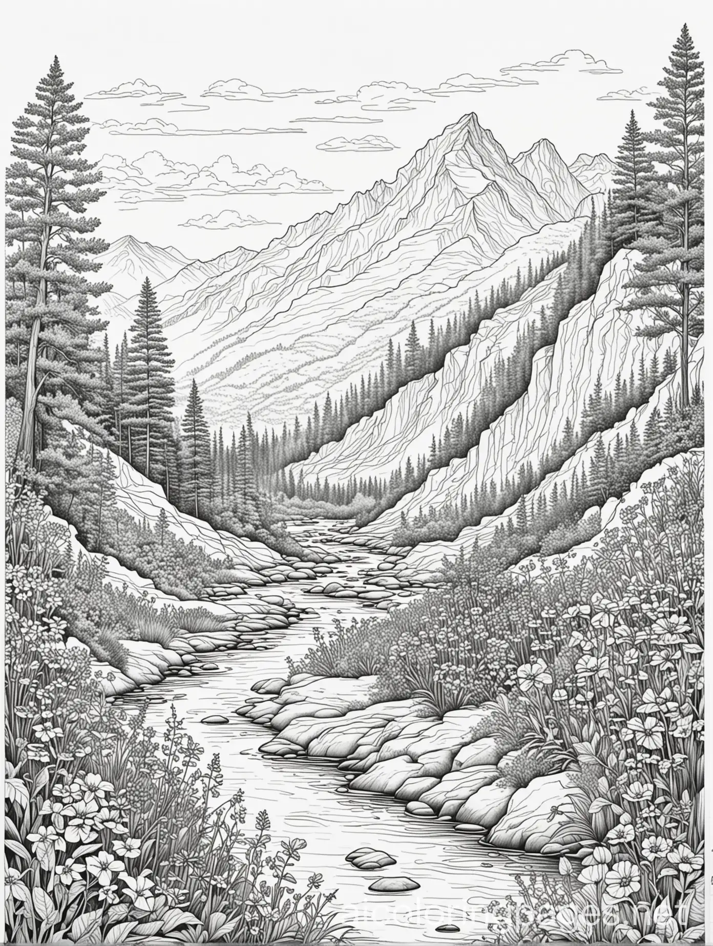 Mountain and flowing stream with lots of wild flowers, Coloring Page, black and white, line art, white background, Simplicity, Ample White Space. The background of the coloring page is plain white to make it easy for young children to color within the lines. The outlines of all the subjects are easy to distinguish, making it simple for kids to color without too much difficulty