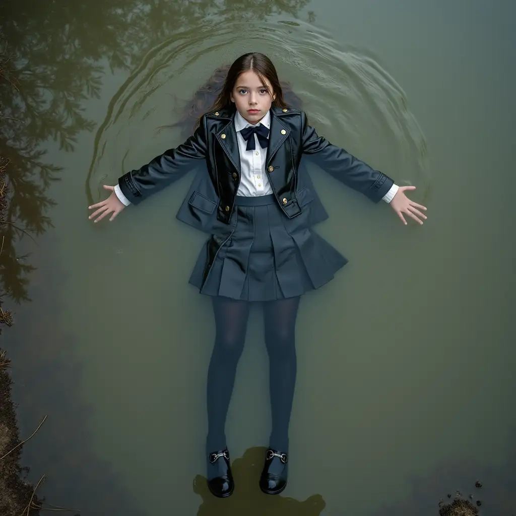 A young schoolgirl in a school uniform, in a skirt, jacket, blouse, dark tights, high-heeled shoes. She is swimming in a dirty pond, lying under water, all her clothes are completely wet, wet clothes stick to her body, the whole body is under water, submerged in water, under the surface of the water, below the water's edge.