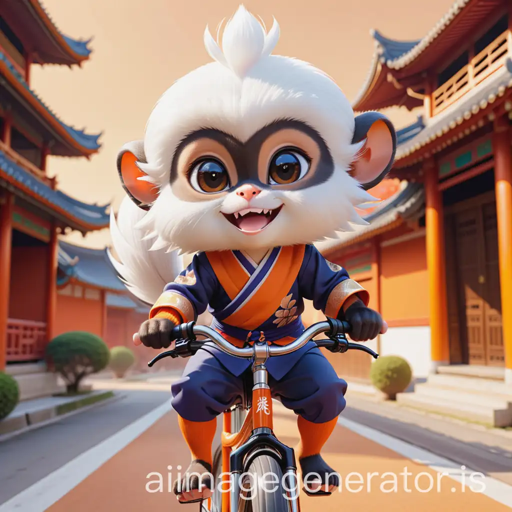 a white-headed leaf monkey;3D anime style;white-colored fur spikes on head;cute;round;riding a bicycle;smiling face;full body;traditional Chinese clothing;orange background