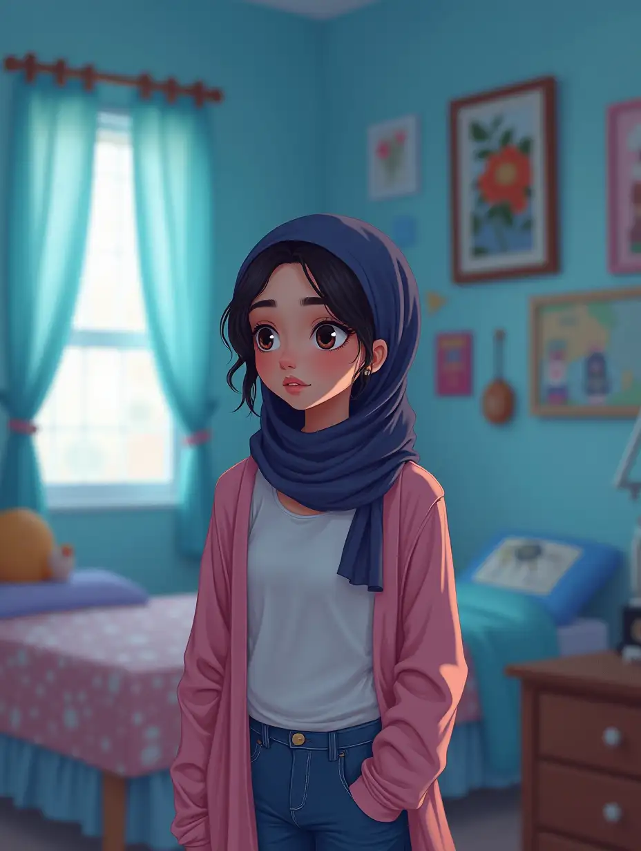 A teen's room in a bright color (like blue or pink)nn Character: Young girl (Iranian face, casual clothing, with hijab)n The girl is now thoughtful, calm.nn Background: Same room, softer light