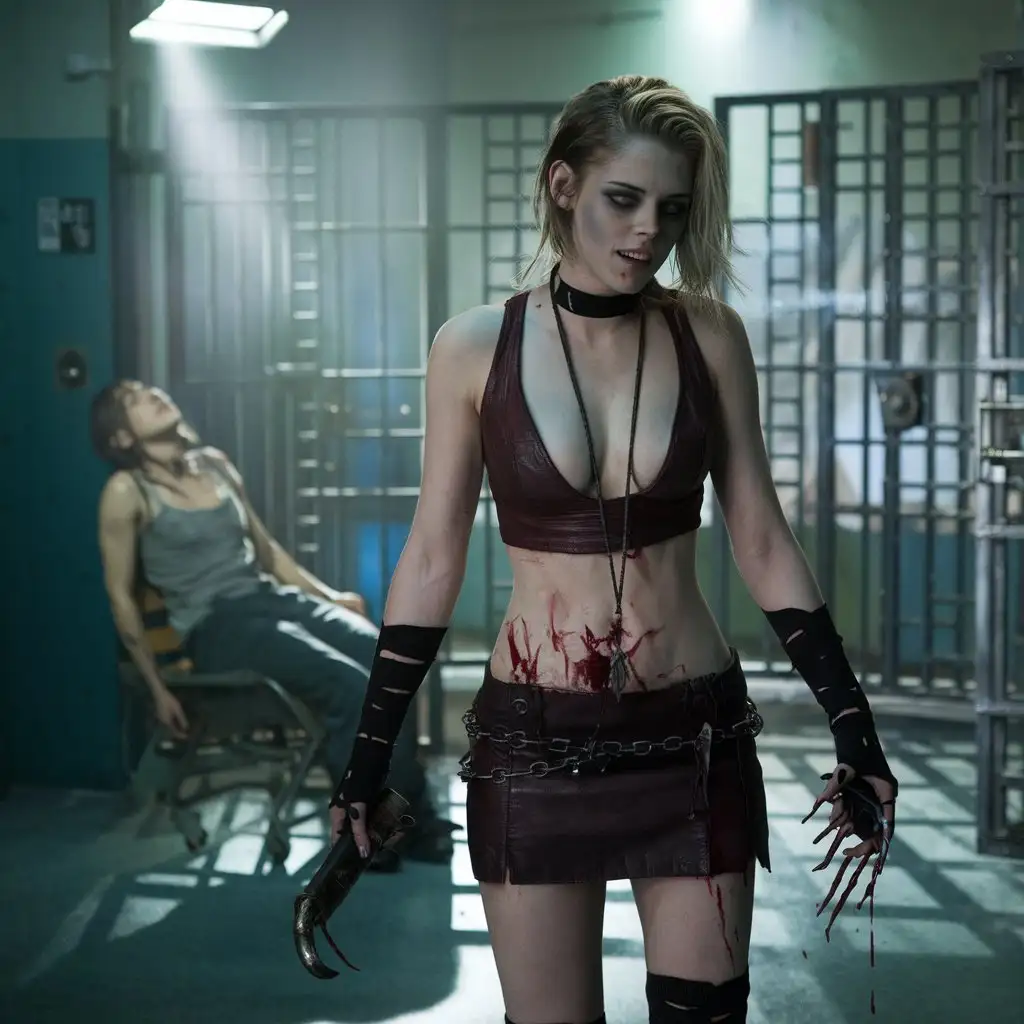 Horror movie. Brightly lit prison room. A very beautiful Kristen Stewart - a maniac  is preparing to torment the victim, evil cruel smile, Deep neckline, miniskirt, standing,  with terrible instruments in her hand. An atmosphere of horror and temptation. A sweet dream for the victim. cinematic, photo , 4k