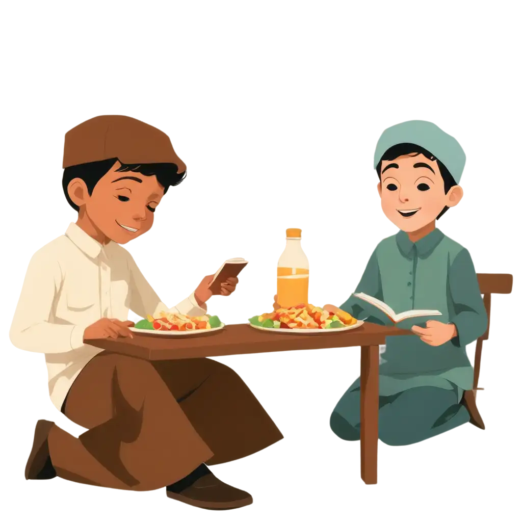 Muslim-Children-Eating-or-Drinking-While-Reading-Basmalah-PNG-Illustration