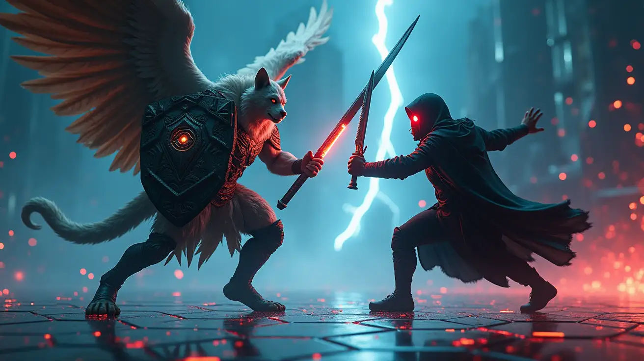A cinematic, high-stakes digital duel on a glowing hexagonal grid. A battle-hardened, muscular humanoid angel stands in a powerful combat stance, exuding grim authority. His face is fully human, with only the faintest trace of fur along the jawline and subtly pointed ears — barely noticeable, a quiet echo of his origins. His expression is cold and focused, radiating danger. He wears ancient, engraved celestial armor etched with cryptographic runes; immense feathered wings spread wide behind him, casting dramatic shadows. In his left hand, he grips a massive shield emblazoned with a glowing eye-inside-hexagon symbol — a sigil of divine protection and surveillance. In his right hand, he raises a radiant spear overhead, poised to strike with judgment. His posture is commanding, like a deity ready to end the battle with a single blow. Opposing him is a cloaked cyber thief — lean, shrouded in corrupted digital robes, face obscured in darkness with glowing red eyes. He holds a jagged, glitching blade, lowered and braced for impact. Sparks burst where digital weapons meet. The battlefield flickers with broken code, collapsing circuitry, and flowing streams of red and blue light — a warzone between justice and intrusion