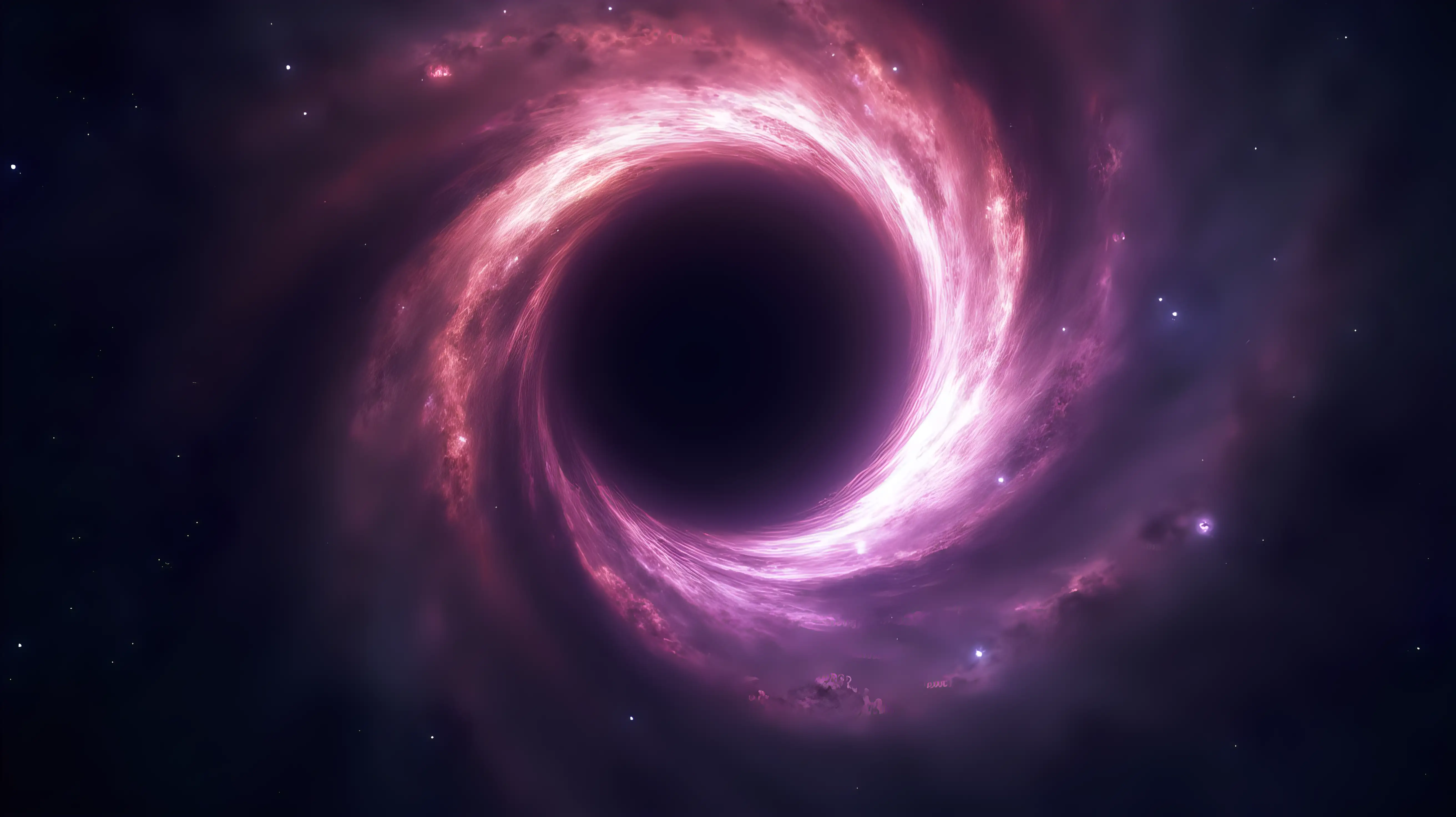 space background with centered black hole, gravitational light distortion around event horizon, swirling space dust and gas, glowing ring of light (accretion disk), deep shadows, powerful sci-fi mood, intense cosmic realism, black and violet tones, high detail, dramatic center composition, high resolution, no text