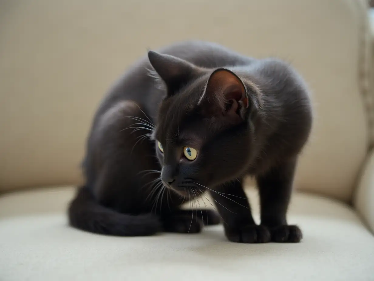 Black child cat, facing and sitting.