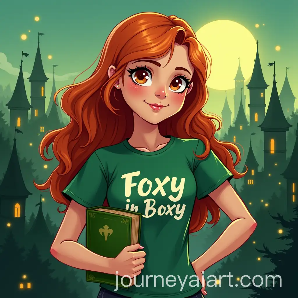Young-Girl-with-Foxy-In-Boxy-TShirt-and-Green-Spell-Book-at-Dusk