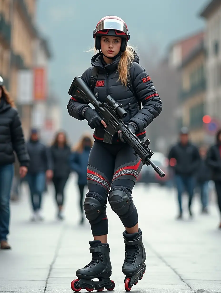 a 17 year old airsoft geared woman at a distance, she is skating on a street, holding a weapon, ordinary people in background, clothes have racing colors, she is wearing lots of functional sportswear, cycling gloves, airsoft helmet with transparent visor over eyes, smartwatch, thick plastic knee pads, modern inline skates with complete organized wheels