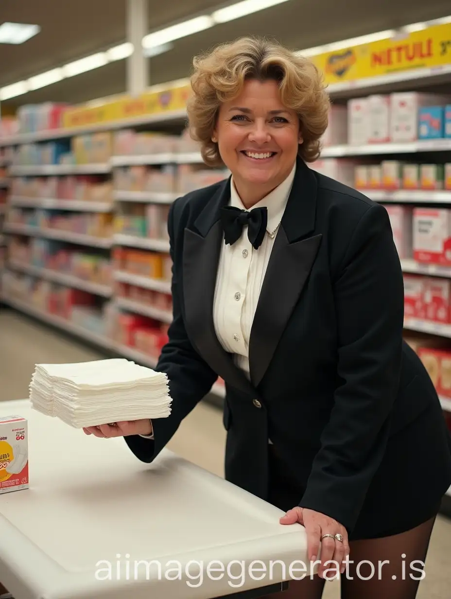 1980s-Huggies-FITEMS-Diapers-Product-Demo-in-Supermarket-by-Caucasian-Woman-in-Formal-Tuxedo