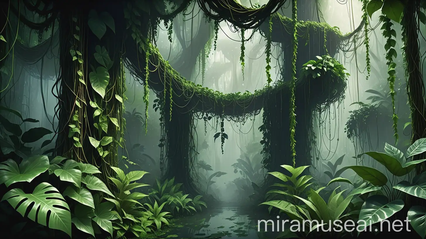 A deep rainforest with broad leaves and hanging vines, creating a dense, mysterious atmosphere.