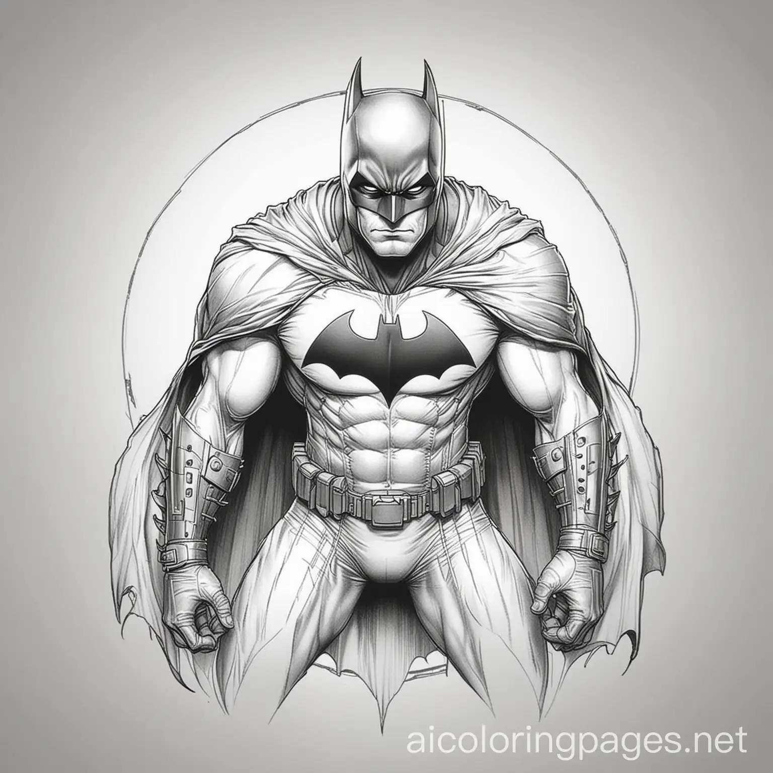 batman, Coloring Page, black and white, line art, white background, Simplicity, Ample White Space. The background of the coloring page is plain white to make it easy for young children to color within the lines. The outlines of all the subjects are easy to distinguish, making it simple for kids to color without too much difficulty