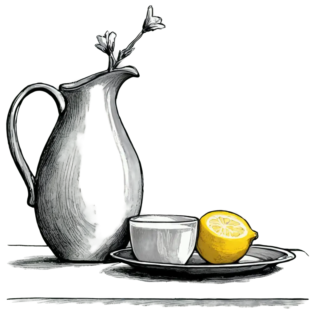Simple-Black-and-White-PNG-Sketch-of-a-Jug-of-Milk-Lemon-and-Paneer-with-a-Flower-Vase-Background