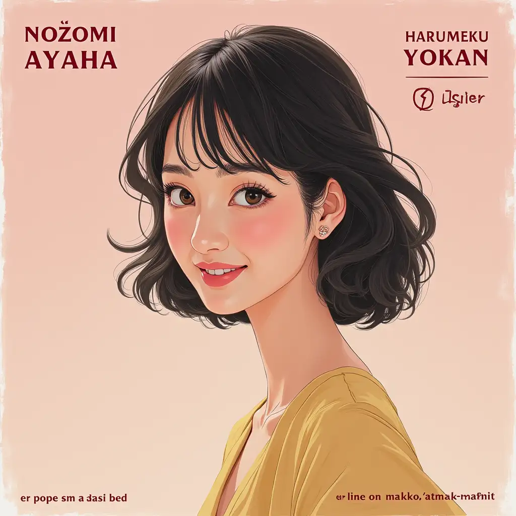 The CD jacket, depicting “Nozomi Ayaha” and “Harumeku Yokan,” features a portrait of a Japanese female singer in her late 20s or early 30s, embodying the spirit of city pop of the 1980s with a modern 2030s twist. She has a sophisticated, elegant look and a warm smile. Her style is reminiscent of artists such as Anri, EPO, and Taeko Onuki, but with a futuristic flair. The background is a plain color, reminiscent of a walk on a bright, sunny spring morning.