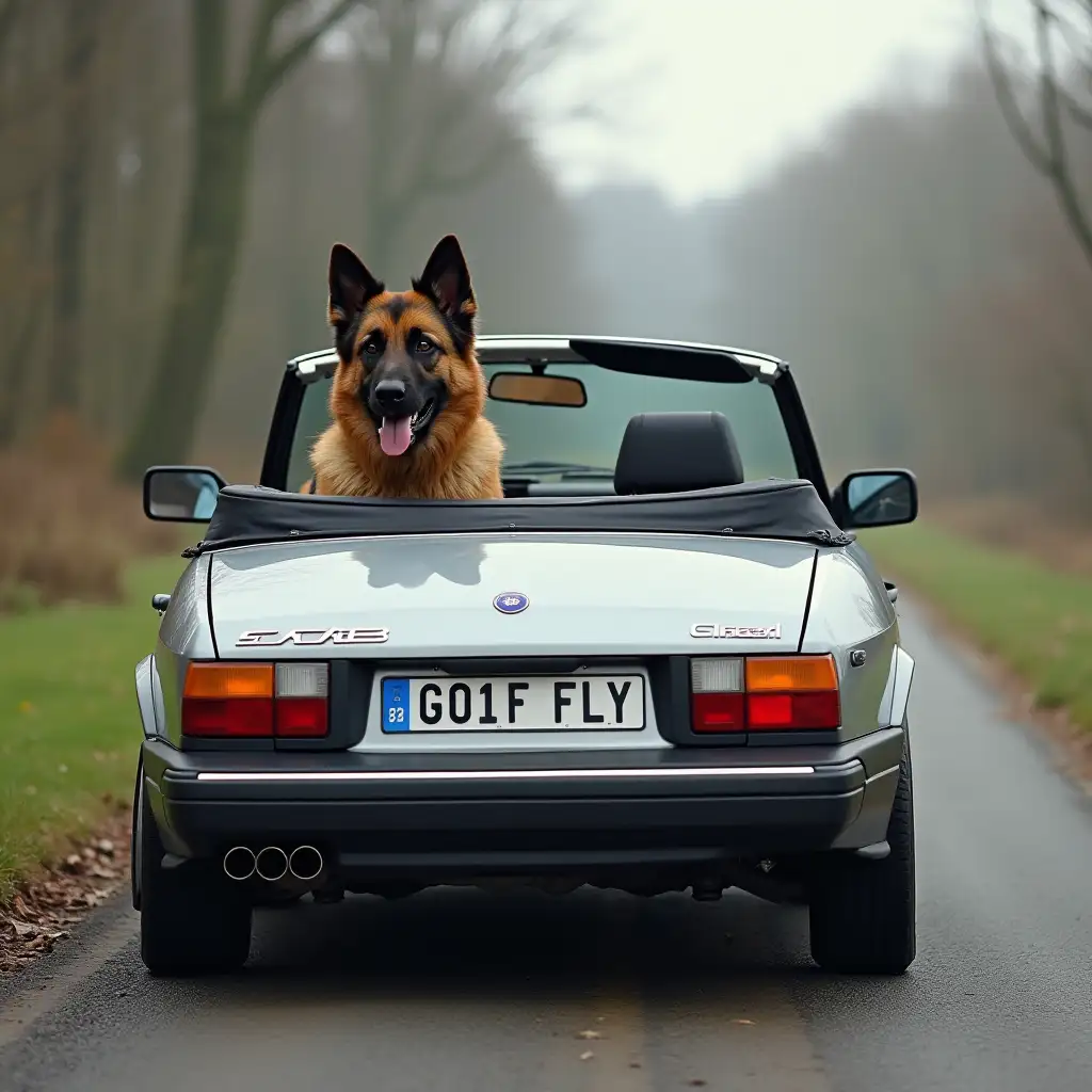 German shepherd driving a silver grey Saab viggen convertible with licence plate GOLF FLY