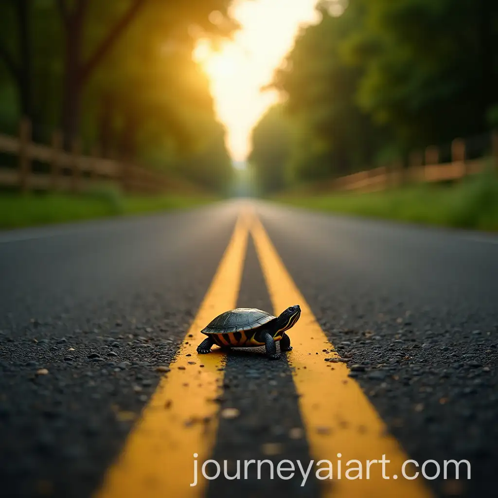 Small-Turtle-Crossing-a-Rural-Asphalt-Road-with-Lush-Green-Surroundings