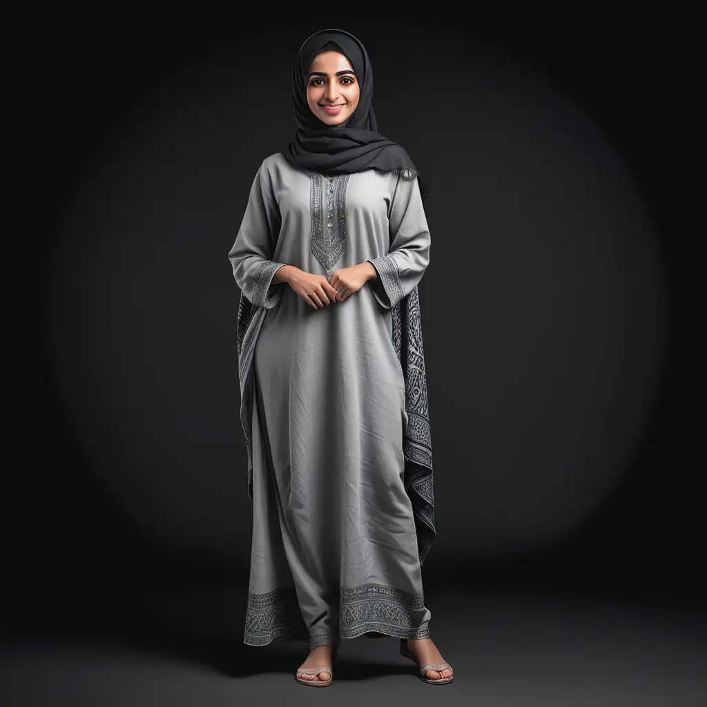 an Middle Eastern woman posing. Full body length. Black background and the expert is a high fidelity illustration using grey tones only. you can see full body. she's looking at the camera. she's wearing traditional casual attire