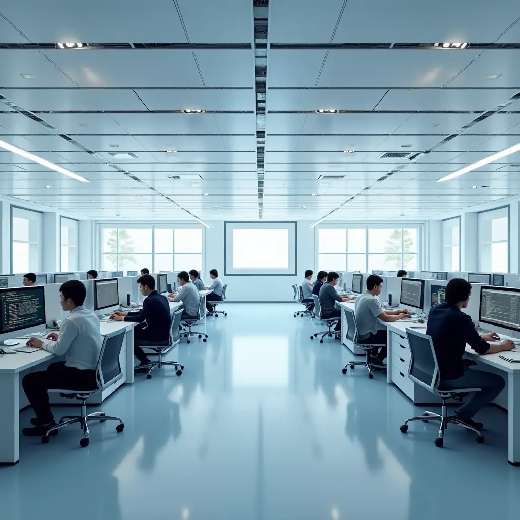 a white well lit room that has many computer coders working shown from above