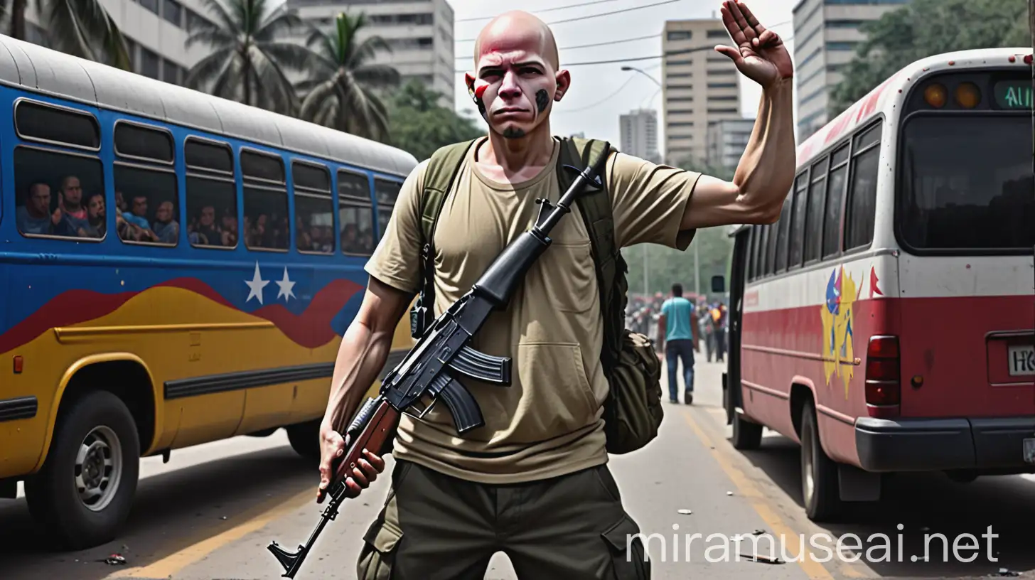 Bald Guerrilla Armed with AK47 Bidding Farewell at Venezuelan Bus Stop