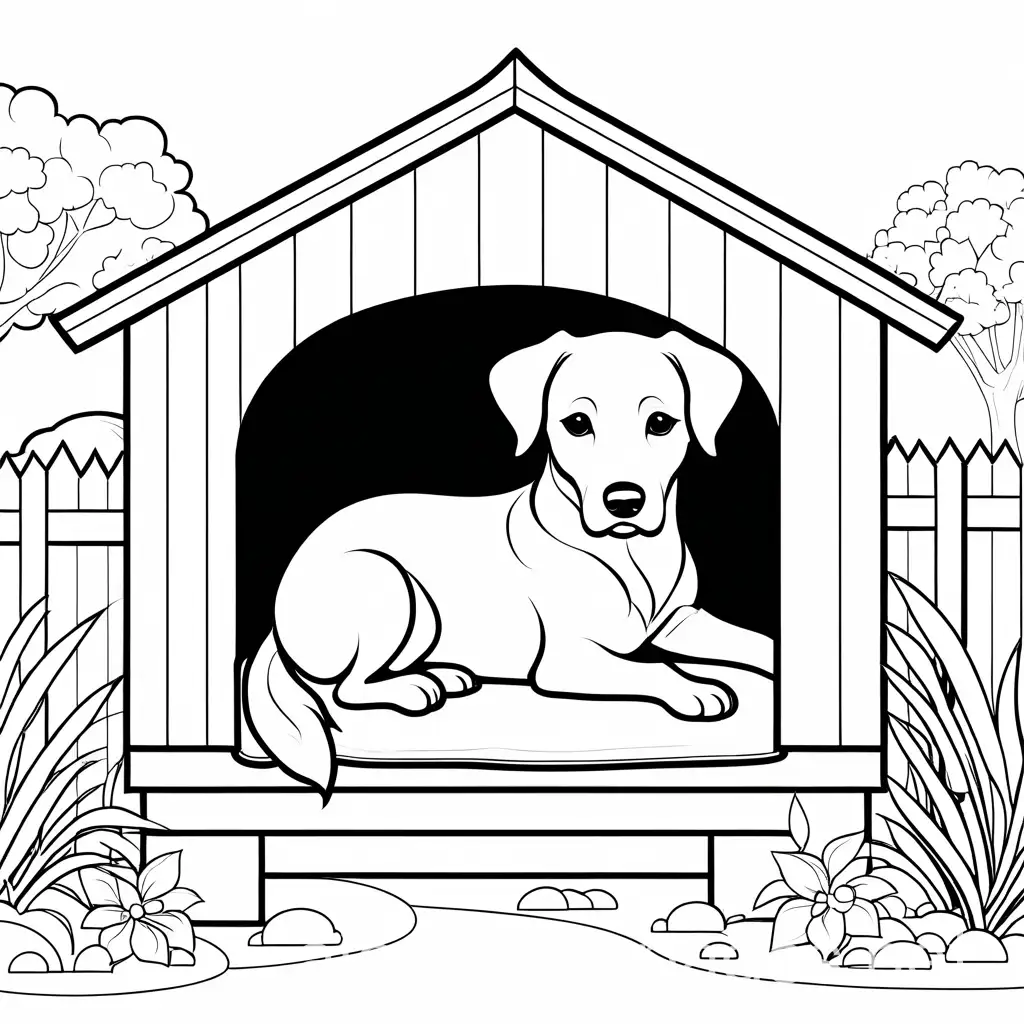 Friendly-Cartoon-Dog-Relaxing-in-a-Cozy-Dog-House-Coloring-Page