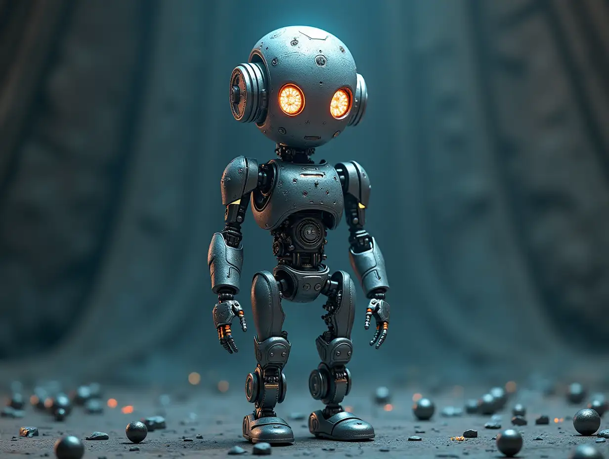 Create a high-resolution, realistic image of the artificial intelligence Robert, three meters tall, with eyes, arms and legs,  with gears on the cheeks and glass head with visible glowing brain made of sapphire, screws with many glass balls on the floor, Mars 4k resolution