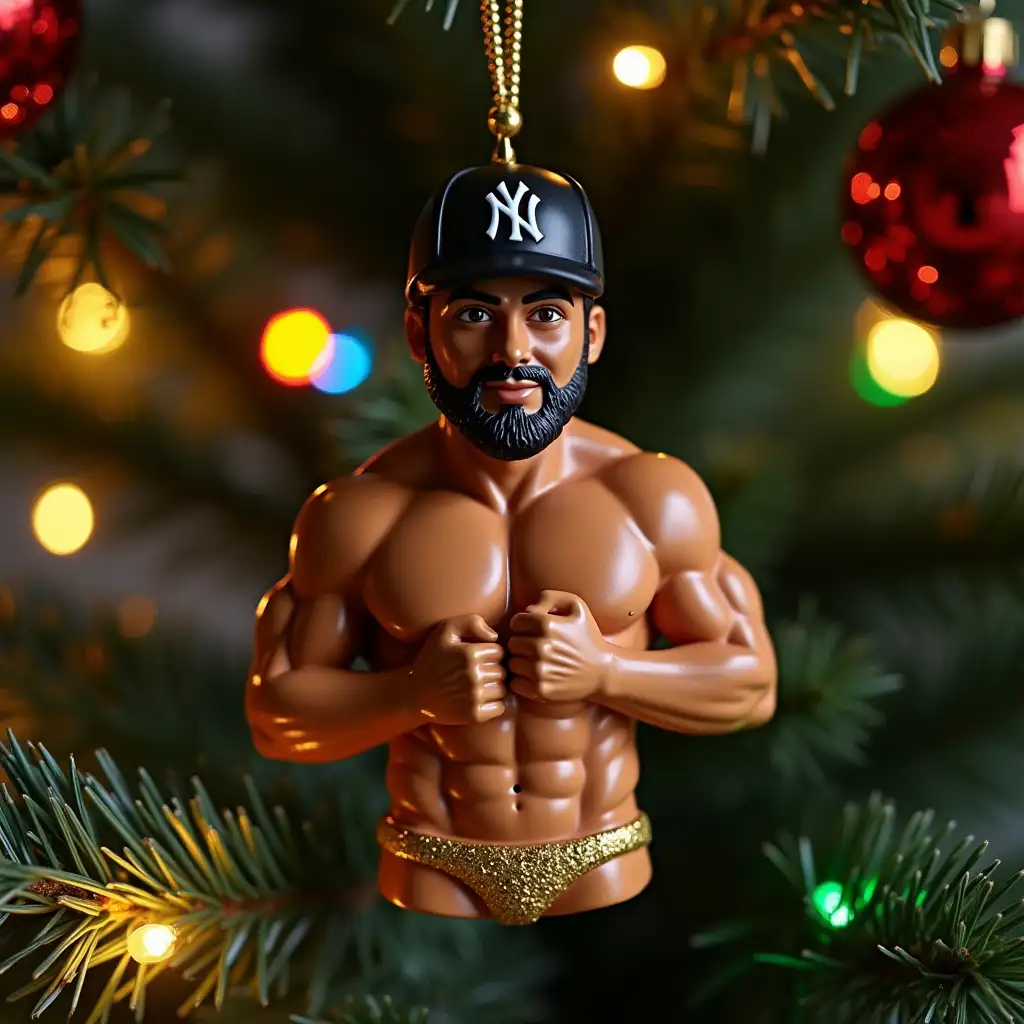 Italian-Bodybuilder-Christmas-Ornament-on-Pine-Tree-with-Multicolored-Lights