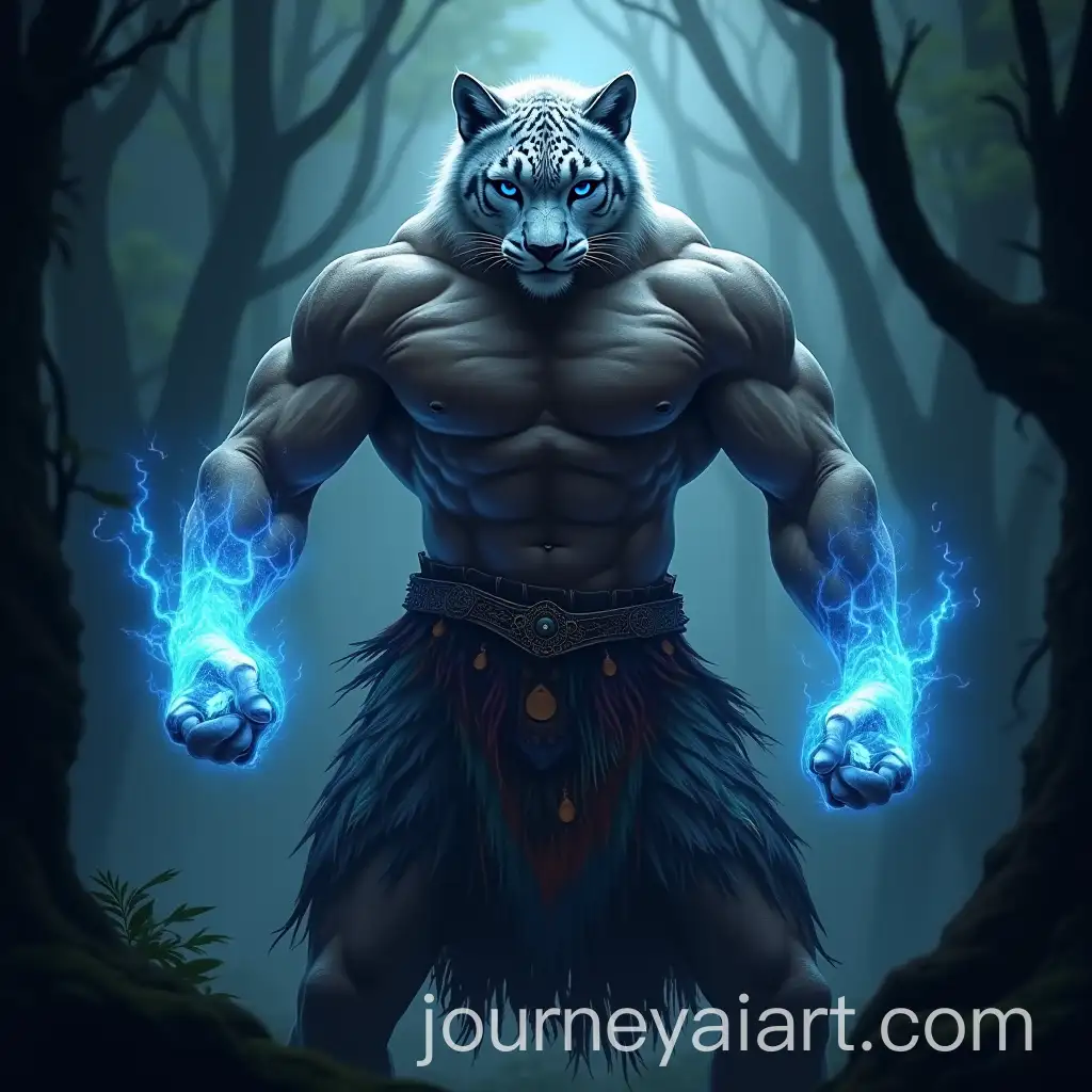 Muscular-Snow-LeopardHuman-Hybrid-with-Electric-Energy-in-Misty-Forest