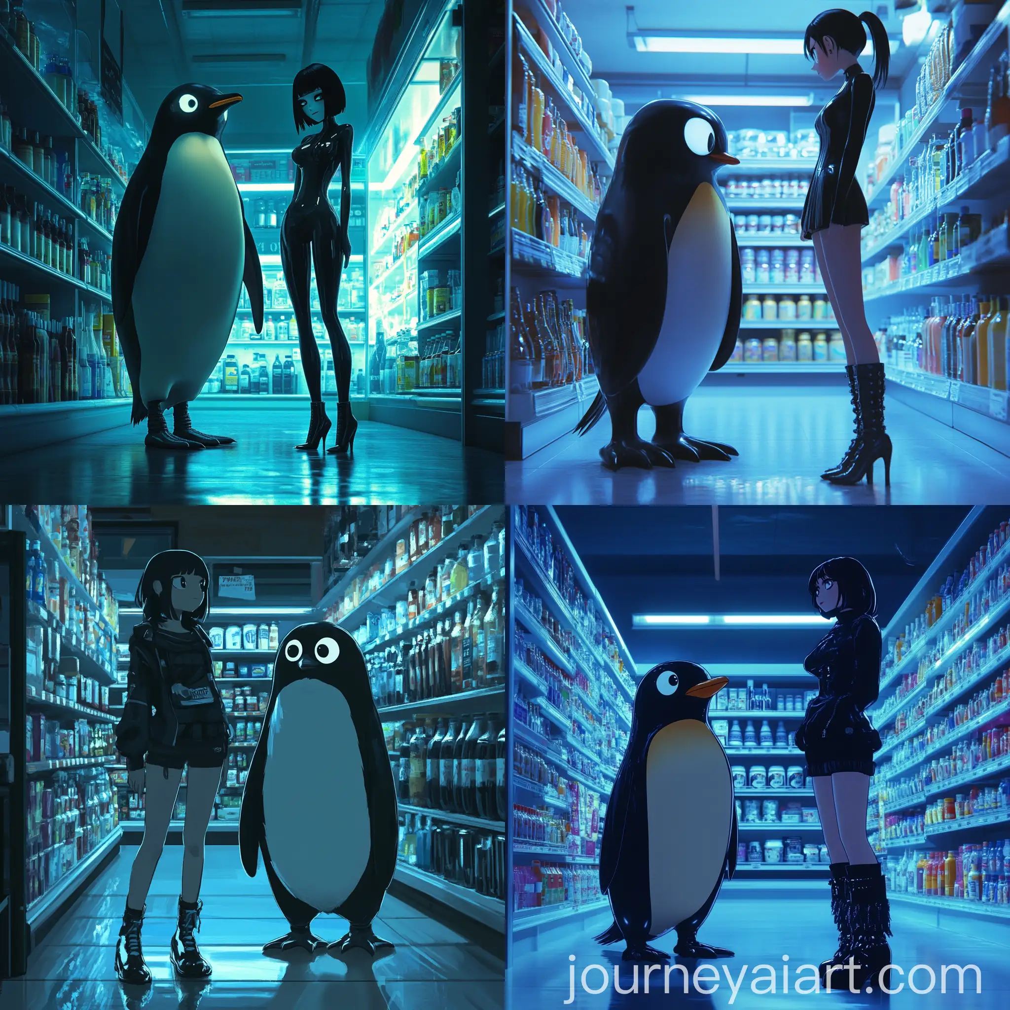 Surreal-Cartoon-Penguin-and-Stylish-Woman-in-Grocery-Store-Scene