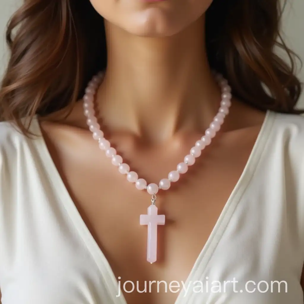 Woman-Wearing-Rose-Quartz-Rosary-with-Three-Beads
