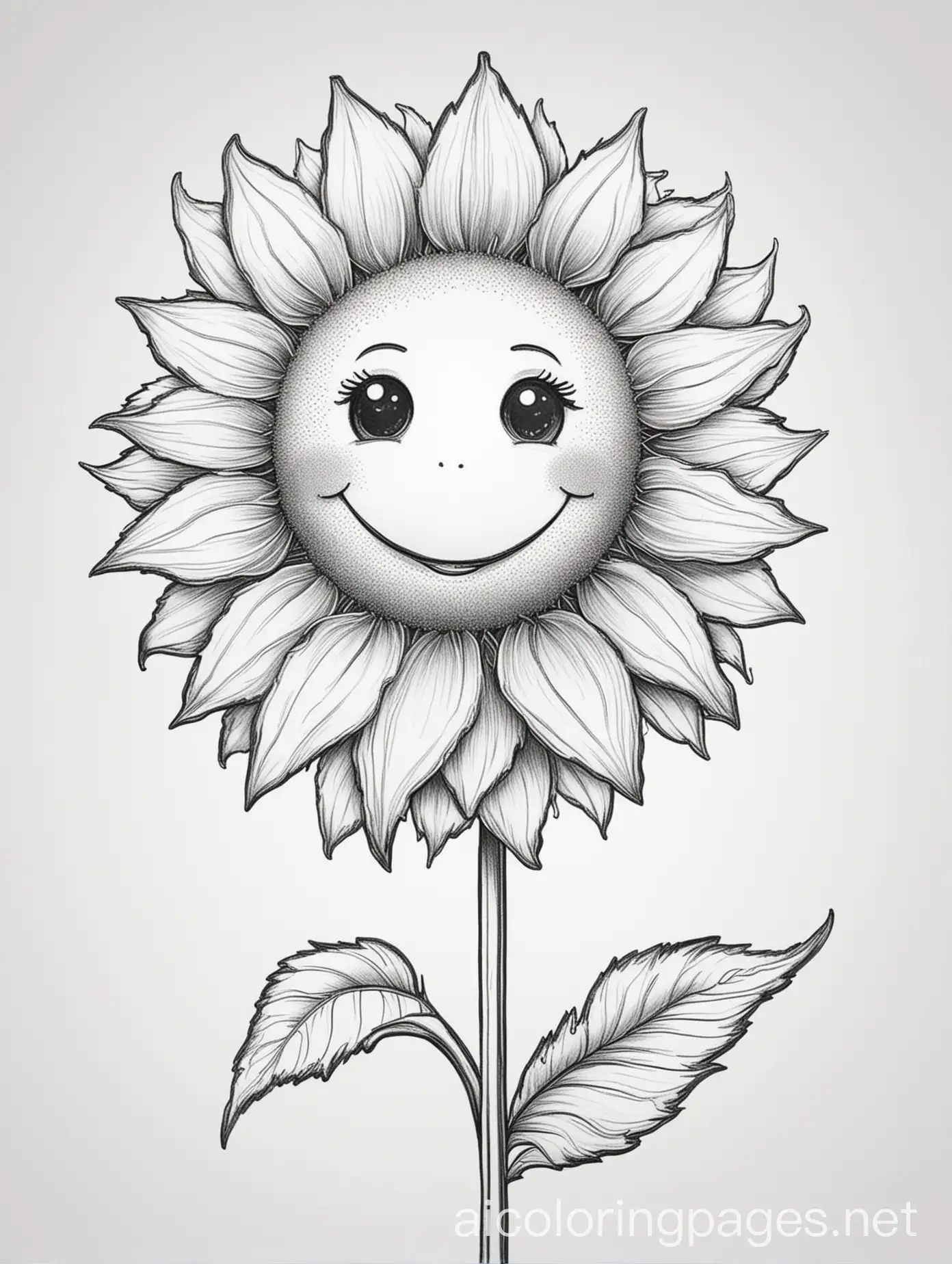 Nice small  cute smilling sunflower , Coloring Page, black and white, line art, white background, Simplicity, Ample White Space. The background of the coloring page is plain white to make it easy for young children to color within the lines. The outlines of all the subjects are easy to distinguish, making it simple for kids to color without too much difficulty