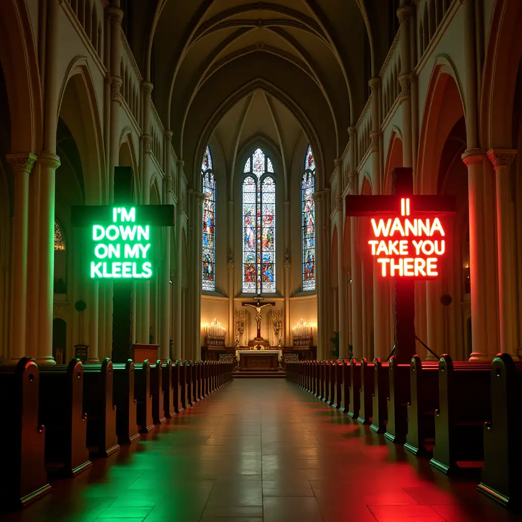 Create an image of a large impressive Catholic Cathedral with vaulted ceilings and stained glass windows in the ceilings. The image is looking down the aisle at the main altar in front, with large banks of candles either side of the aisle, lighting up the cathedral. Either side of the main altar there are two large wooden crucifix. The LHS crucifix has a bright green neon sign supported by black metal supports, which says " I'M DOWN ON MY KNEES " The RHS crucifix has a bright red neon sign with black metal supports which says " I WANNA TAKE YOU THERE " All the neon lettering, electrical wires and connections are clearly visible.