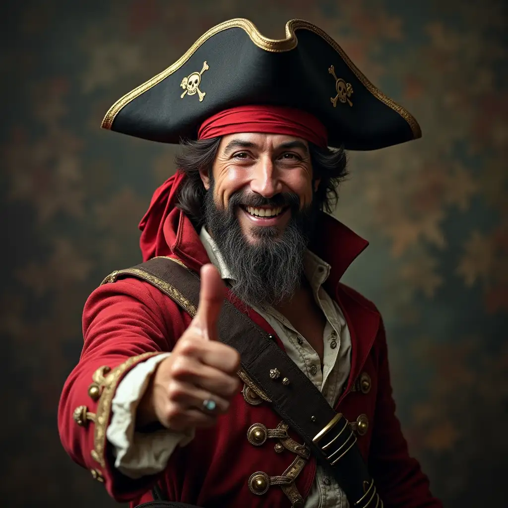 a pirate is smiling and raising a thumb up