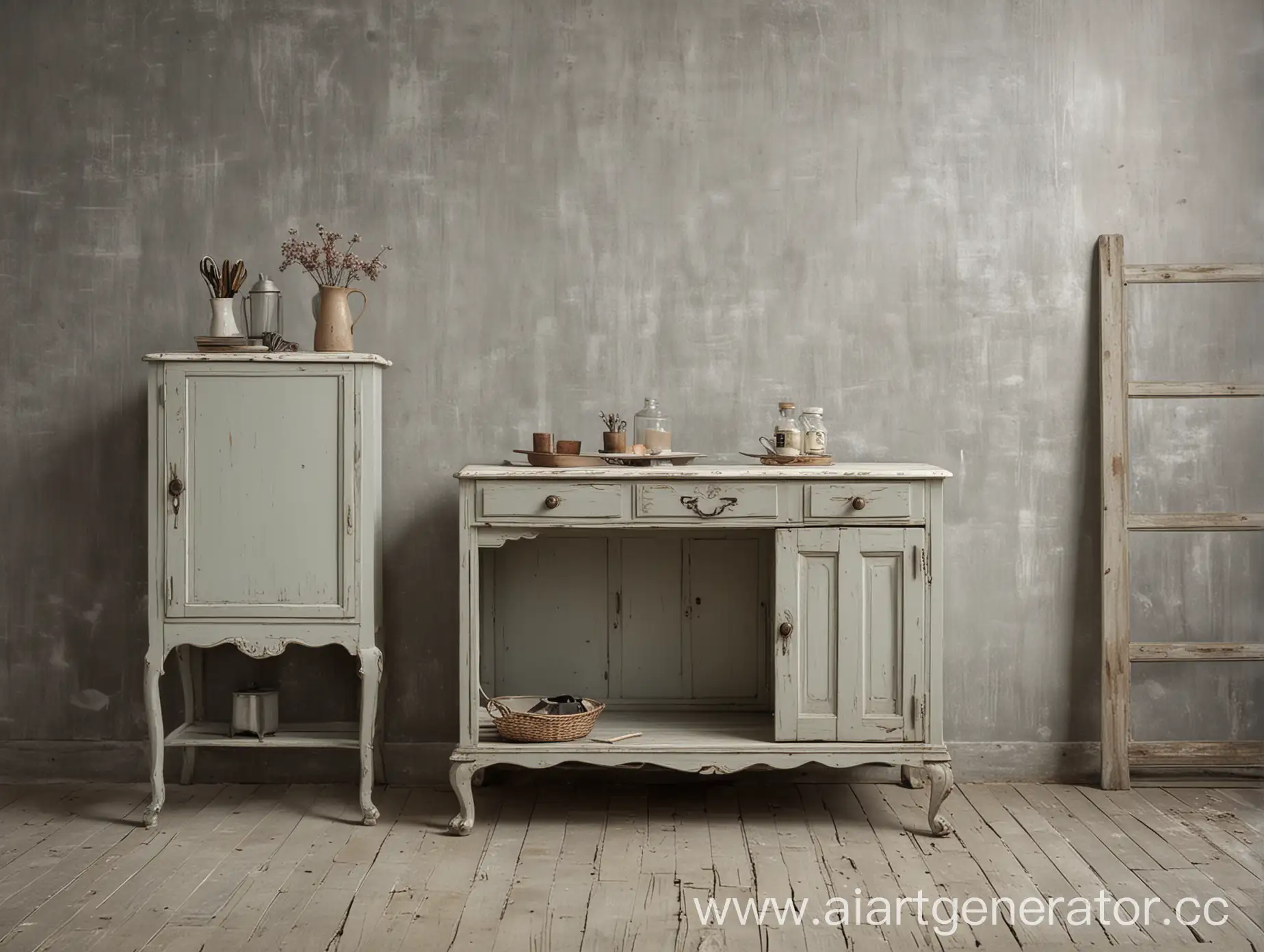 Vintage-Room-with-Old-Cabinet-Table-and-Shabby-Bed