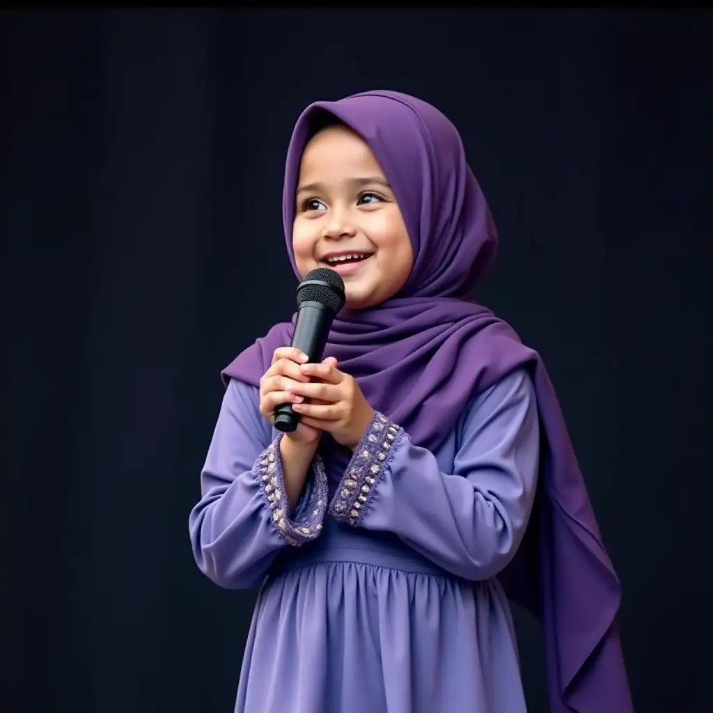 Make a picture of a cute little girl. Wearing a full headscarf. Hijab. The color is purple, baju kurung. The color is blue. Her face looks like a spoiled smile. Singing on stage.