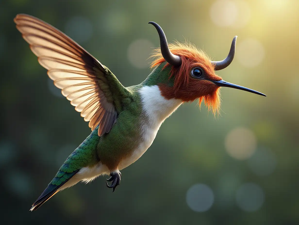 Create a surreal world Hummingbird with Cow head