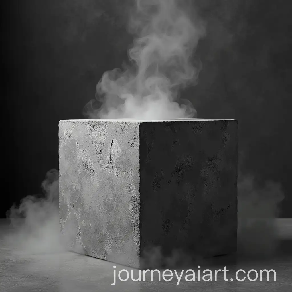 Photorealistic-Concrete-Cube-Surrounded-by-Smoke-on-Dark-Gray-Background