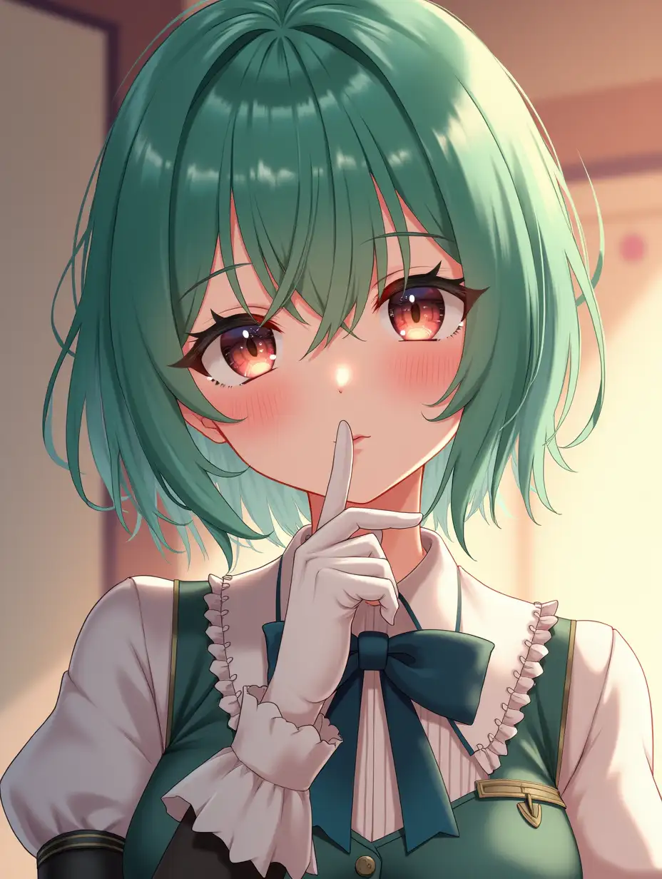 Anime girl (ethnicity:1.2), (age:1.1), (detailed clothing:1.2), (facial features:1.3), (expression:1.2), (body type:1.1), (pose:1.2), finger on lips,  center of frame,  facing directly at viewer,  short green hair,  bangs, hair between eyes, vibrant teal-red eyes,  (detailed skin texture:1.2),  wearing a lolita fashion uniform, white gloves, high-detailed hair with subtle highlights, head tilt, soft lighting (warm-toned lighting),  soft-focus and gradient colors,  anime style, digital art, detailed clothing, intricate eye details,  (expression:1.2),  close-up portrait,  photorealistic style,  (detailed background:1.1),  dynamic composition,  beautiful design,  warm colors, bright lighting,  8k resolution,  hyperrealistic style, artstation quality.