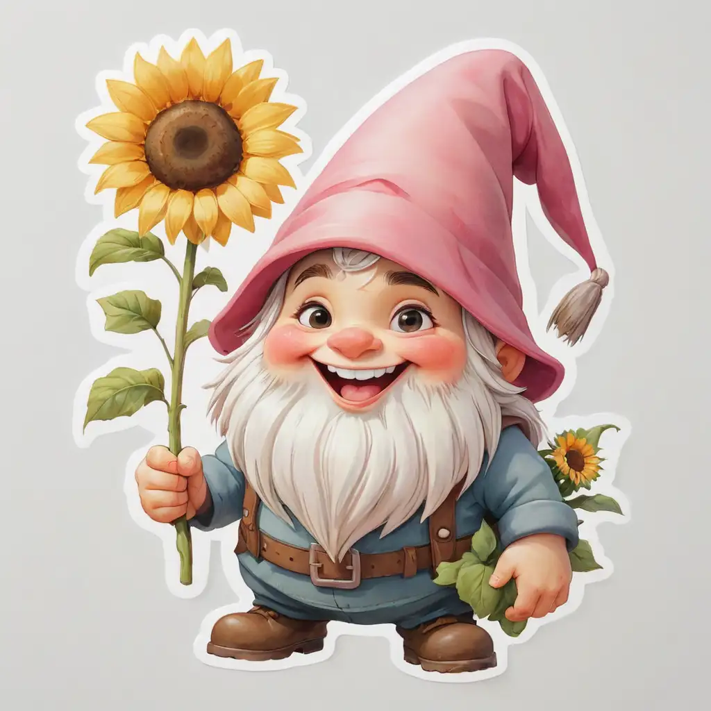 Happy Gnome Holding Sunflower Watercolor Illustration