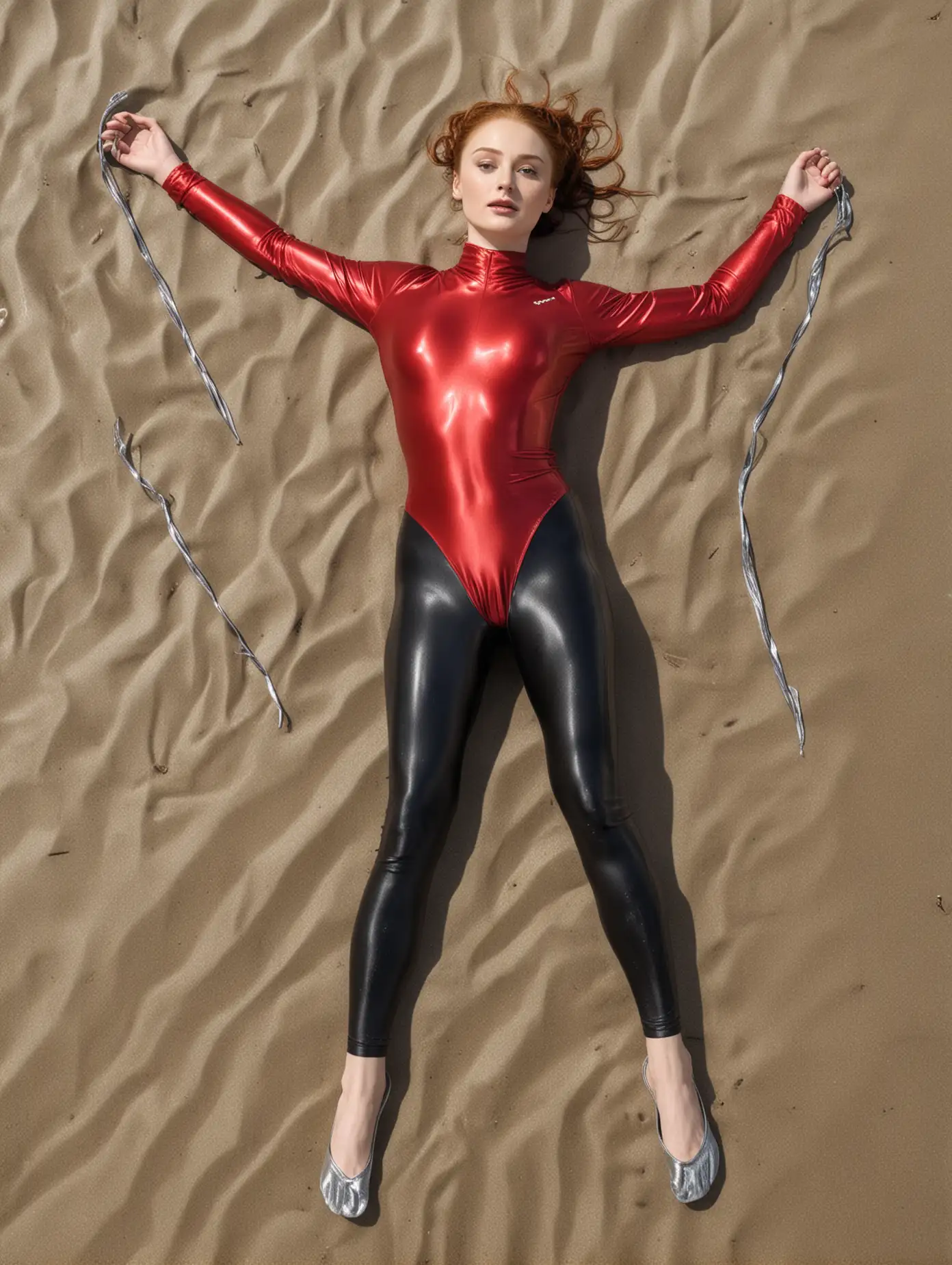 Sansa-Stark-Relaxing-in-Red-and-Black-Spandex-on-Beach-with-Wooden-Stakes