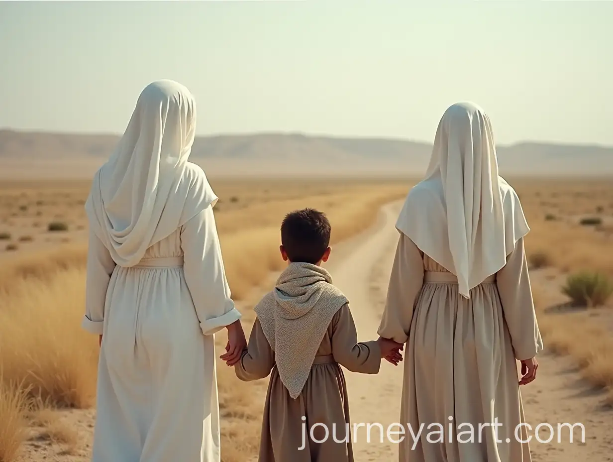 Three-Women-in-Traditional-Arabic-Hijabs-Holding-Hands-with-a-Boy-in-the-Nakhlestan-Plain