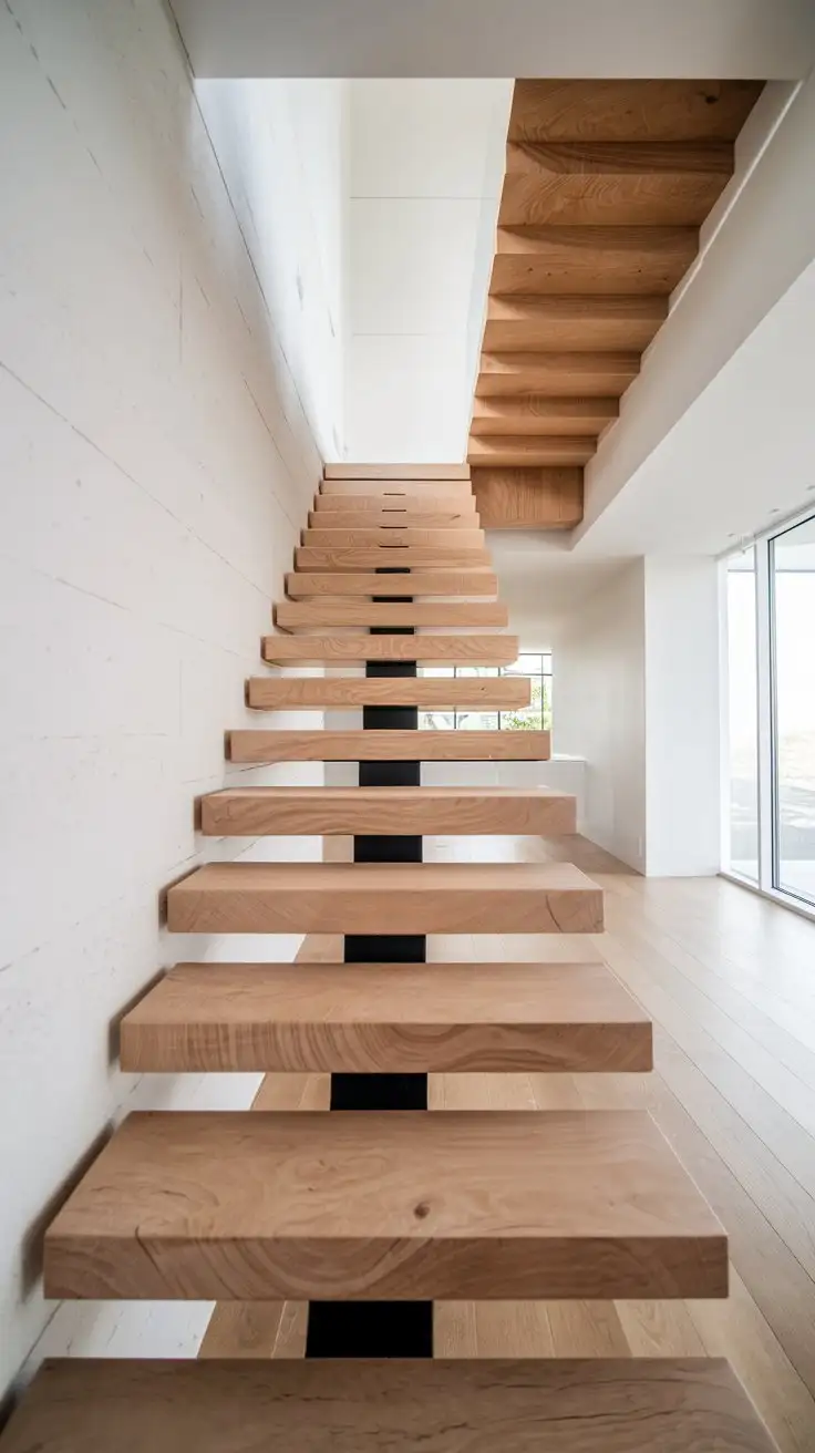 Interior design photograph, eye-level shot, focusing on a floating staircase in a modern minimalist apartment. The stairs are made of thick, light oak wood, appearing to hover in mid-air with concealed supports. The background is a clean white wall with subtle texture. Natural light from a nearby window softly illuminates the staircase. Style: Minimalist, Scandinavian design, high-quality, sharp focus, no distractions.