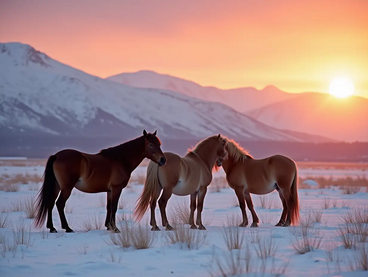 Beautiful horses against Altai mountains in winter, Russia. Wildlife colorful sunset landscape