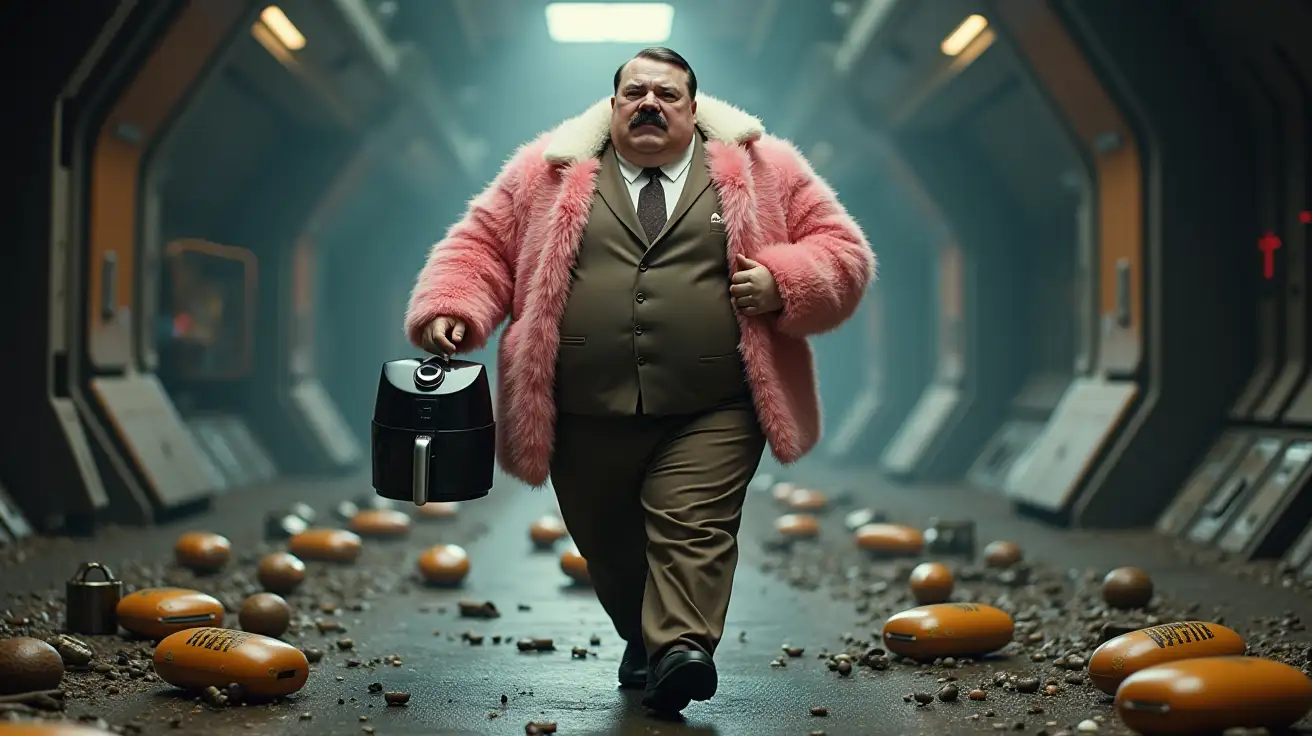 Obese-Character-in-Pink-Fluffy-Jacket-Running-Through-Futuristic-Spacecraft-with-Air-Fryer