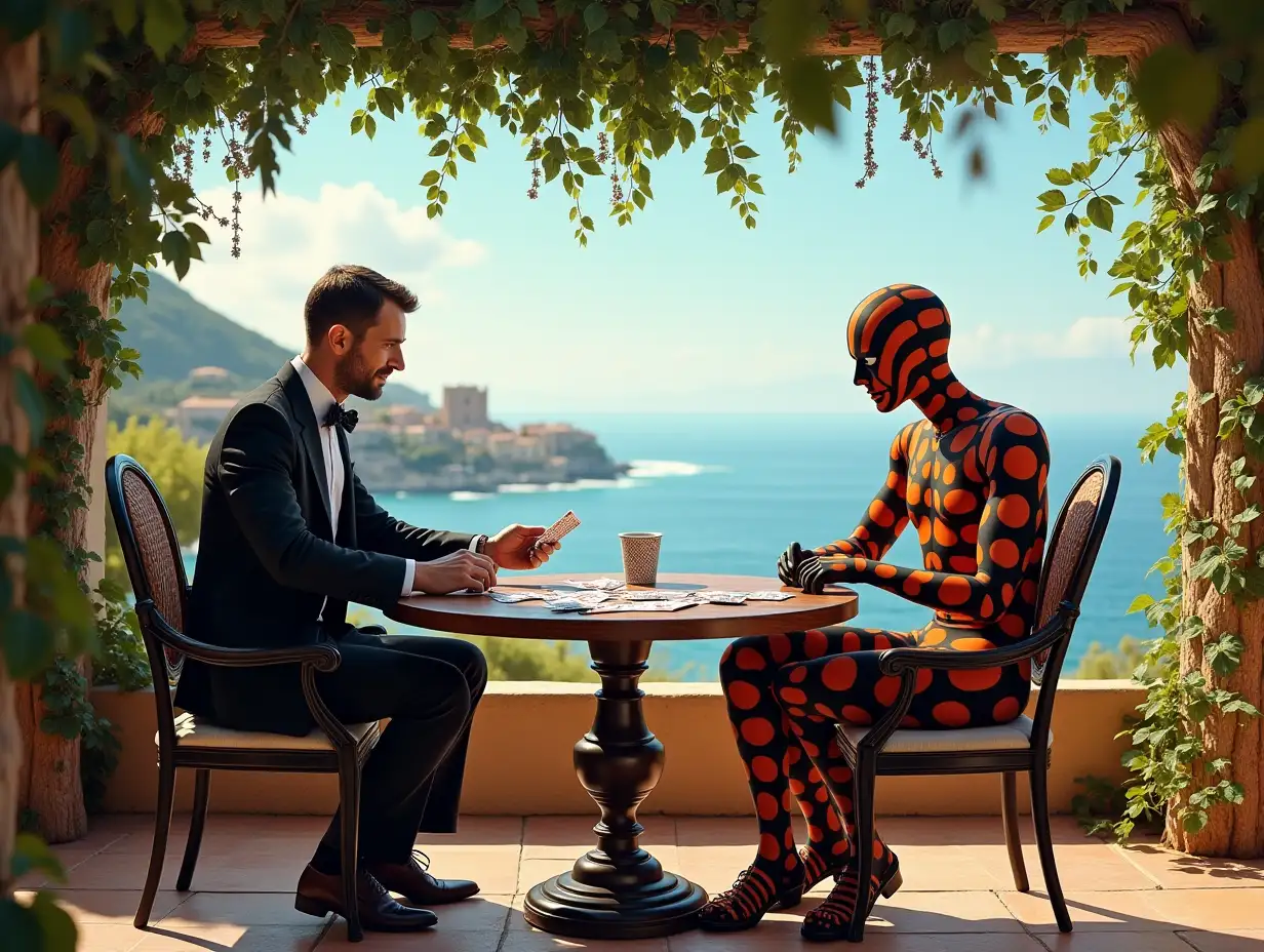 Man-in-Tuxedo-and-Humanoid-Playing-Cards-on-Mediterranean-Terrace-with-Sea-View-and-Sculptures