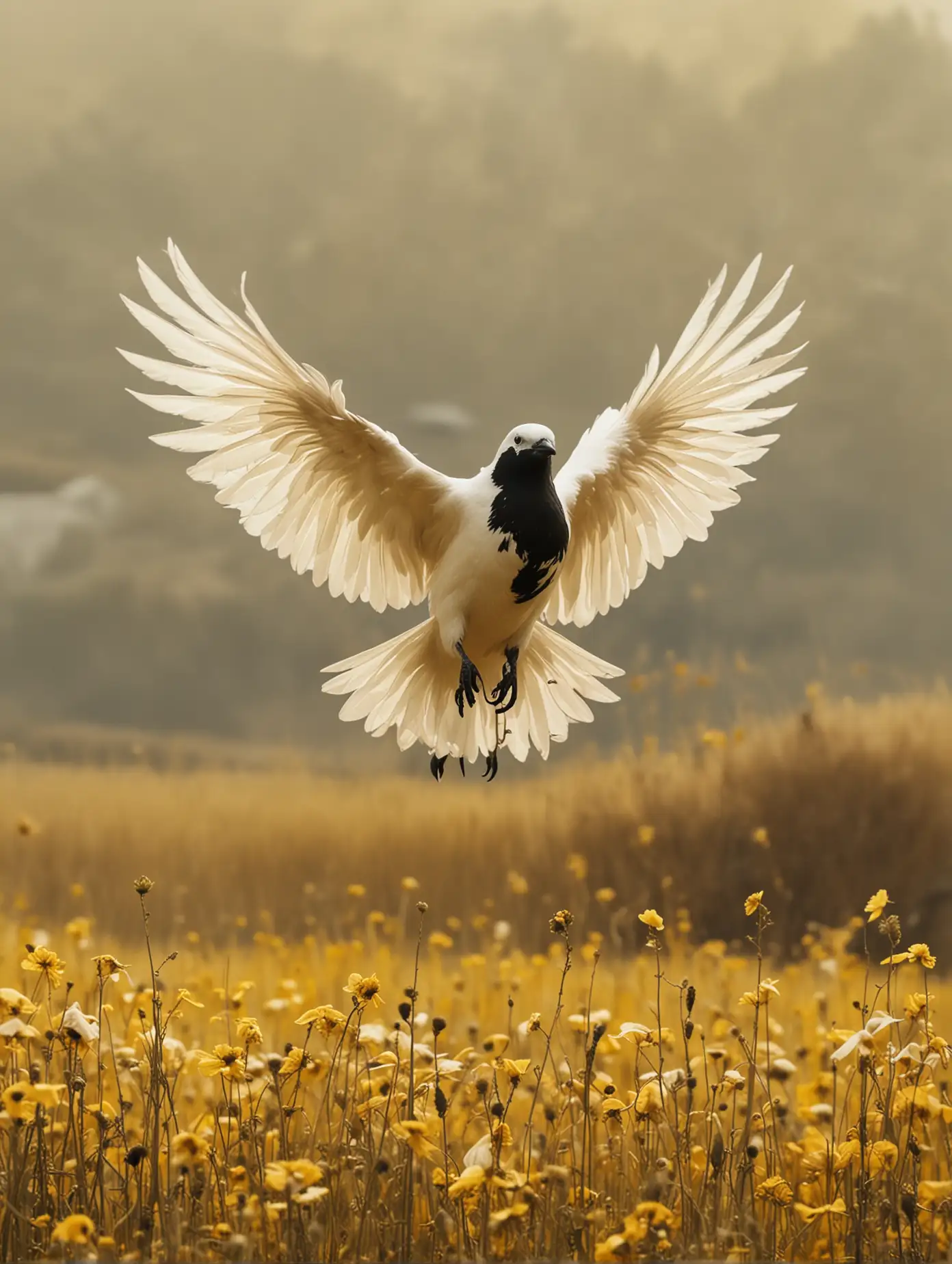 Fantasy Movie Scene White Bird Soars from Yellow Field